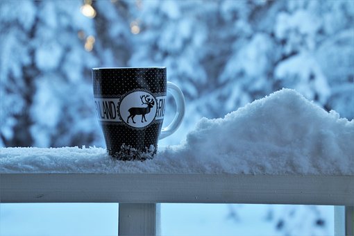 雪, 冬季, 饮料, 在上午, 茶杯, 阳台, 茶, 咖啡, 美洲杯, 新鲜